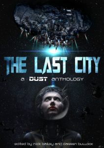 Dark space scene featuring large city covering an asteroid. Central is a woman in a space suit with cracked visor.