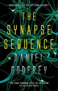 Daniel Godfrey's Synapse Sequence features the title in yellow, over a magnified image of the synapse, gradiented green to blue.. The author's name is in a futuristic white font. The book cover background is black. 