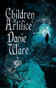 Book cover of Children of Artifice. Science-Fantasy Novel. Blie green in colour with swirls of magical energy.