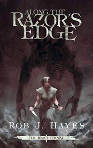 Fantasy Book cover by Felix Ortiz for Along the Razor's Edge.: Featuring short haired girl in rags holding knife. A shadowed demon lingers menacingly behind her.