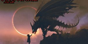 A hooded human reaching to robo-skeletal dragon. Mythaxis.co.uk text in red.