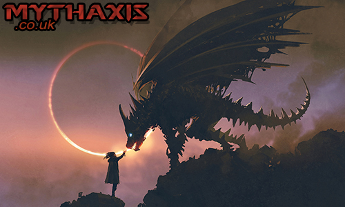A hooded human reaching to robo-skeletal dragon. Mythaxis.co.uk text in red. 