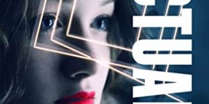 Cover of The Actuality displays anear perfect lifelike female android wearing bright red lipstick, blue eyes and dark hair. The title is in bold white lettering, virtically on the right.